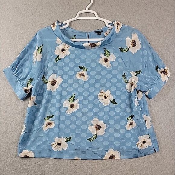 NWT Ann Taylor Blue Floral Polka Dot Pleated SS Blouse Women's Plus XXL - Picture 1 of 13